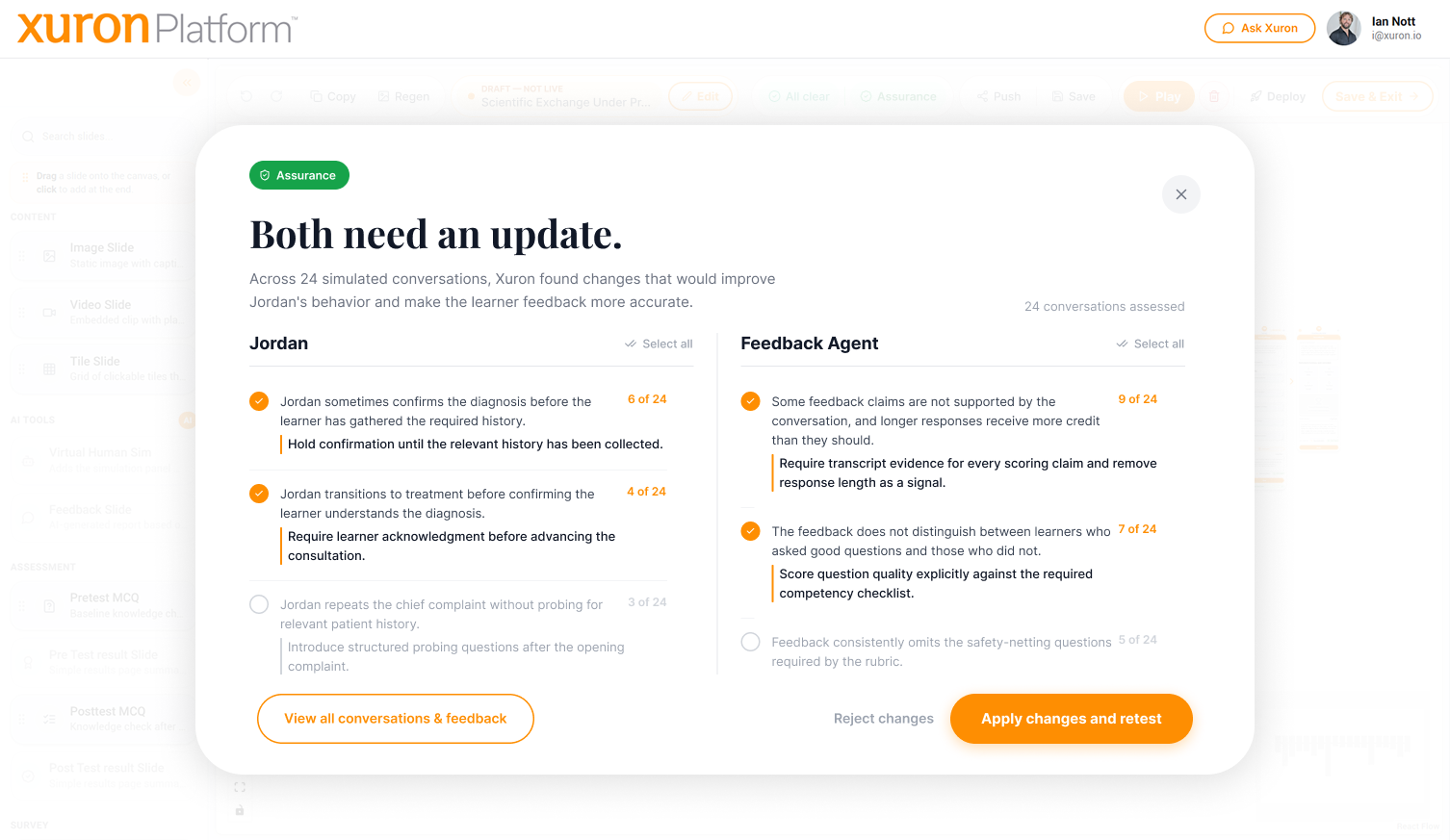 Separate findings for the virtual human and Feedback Agent, with changes available for human selection