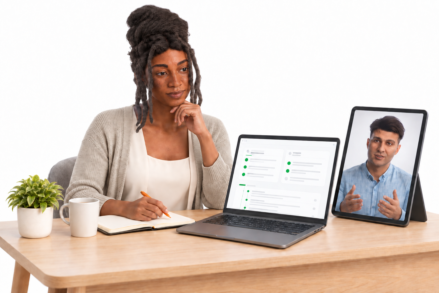 A reviewer considers feedback beside a Xuron virtual-human conversation