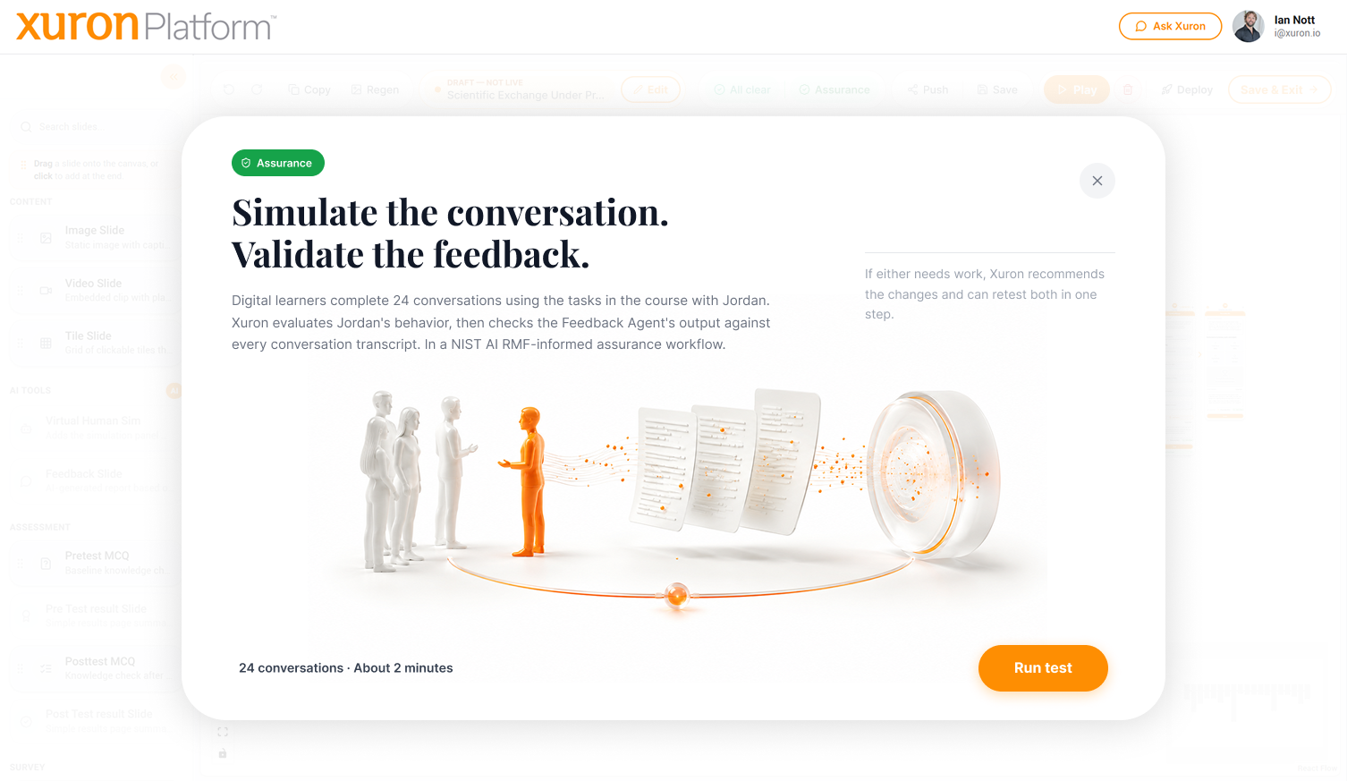 Assurance launch screen explaining simulated conversations and feedback testing