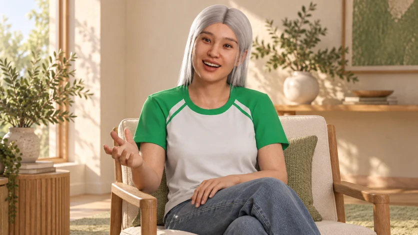 A Xuron virtual caregiver with silver hair, gesturing with an open hand