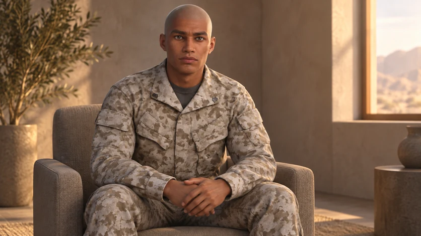 A seated Xuron virtual human in military uniform