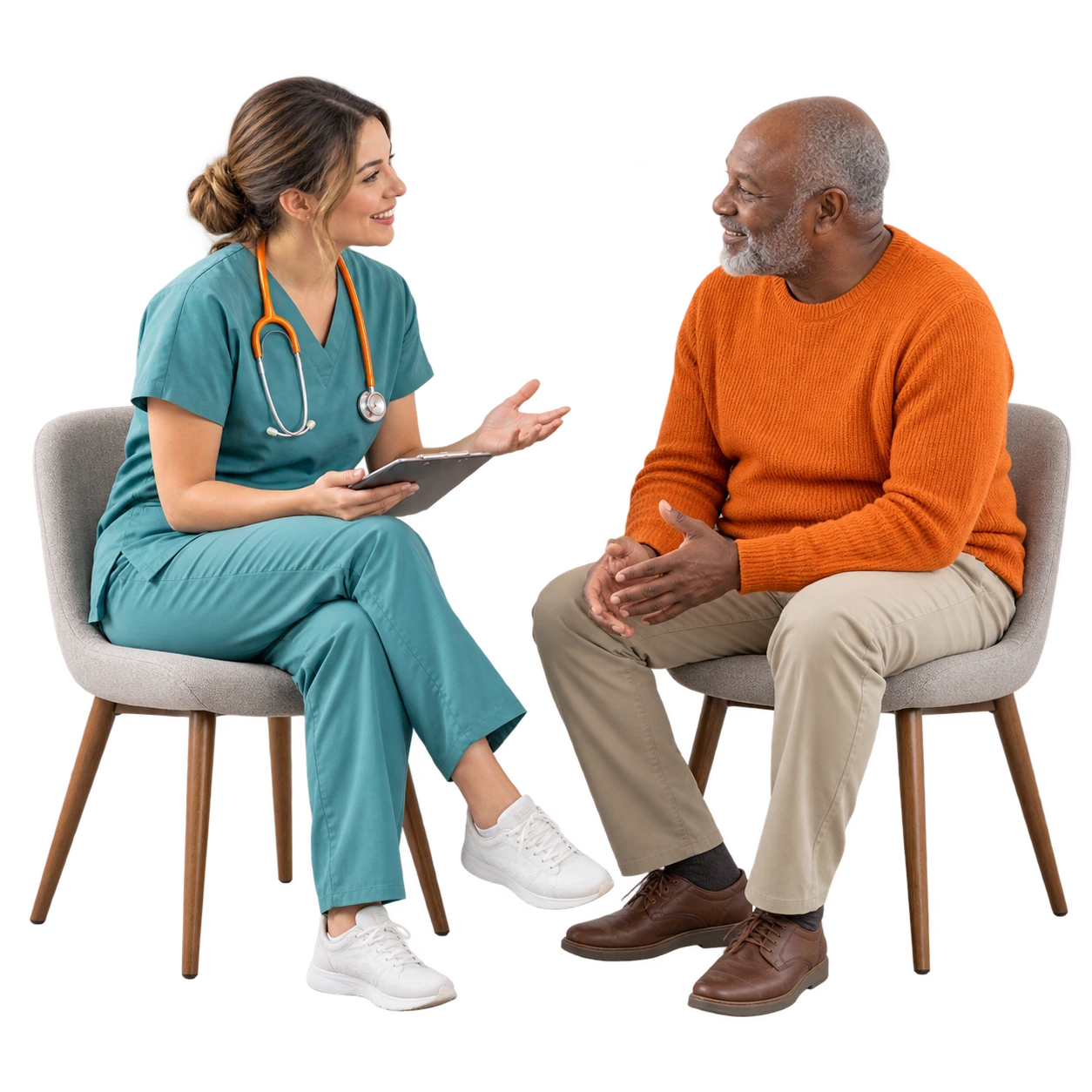 A clinician and an older patient practicing a conversation.