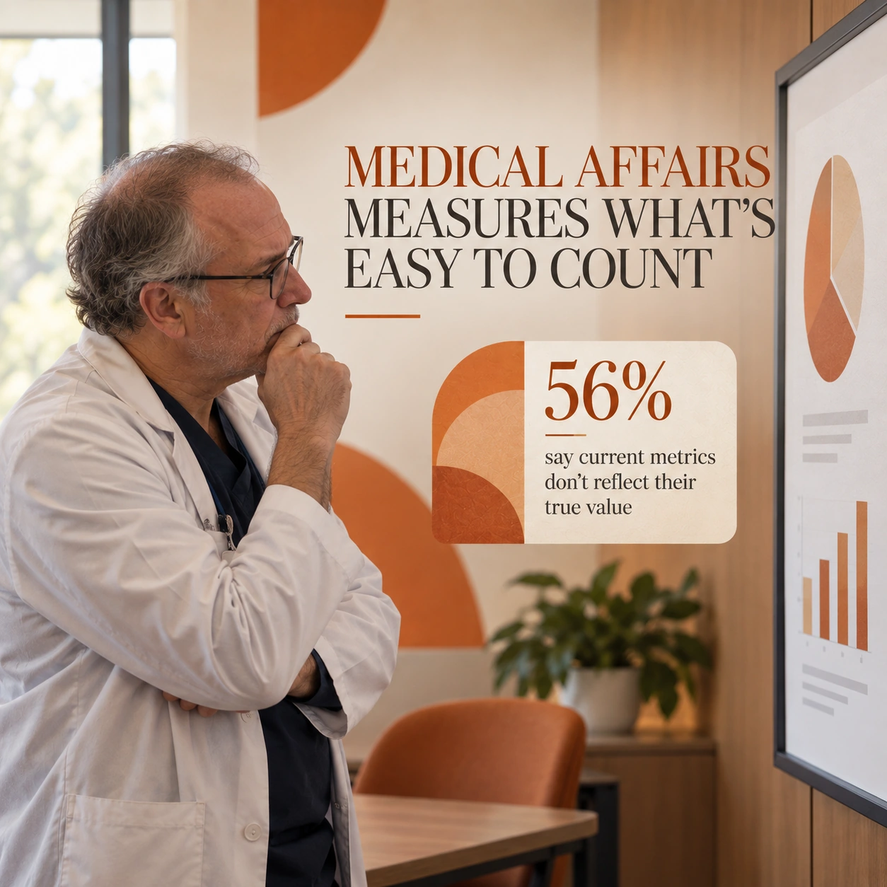 A clinician reviewing Medical Affairs measurement, with the finding that 56% say metrics do not reflect their value.