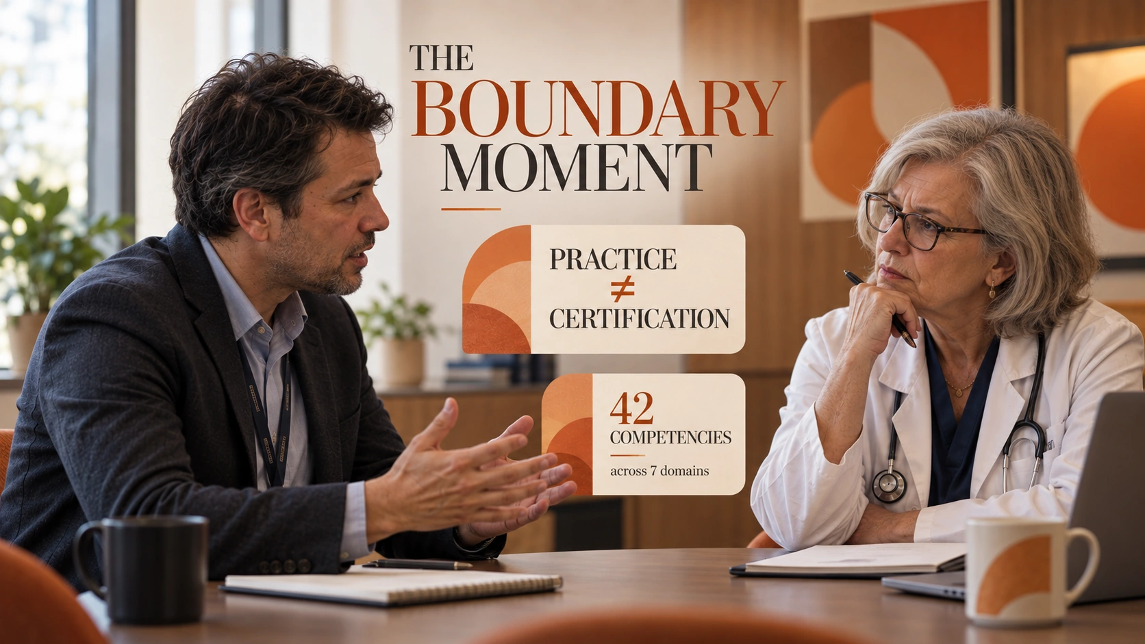 Medical professionals discussing a boundary-sensitive question, with a reminder that practice is not certification.