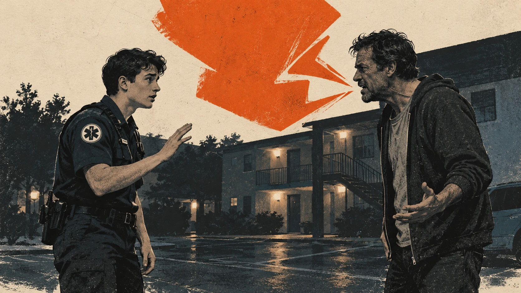 Illustration of an EMT speaking with an agitated man outside an apartment complex.