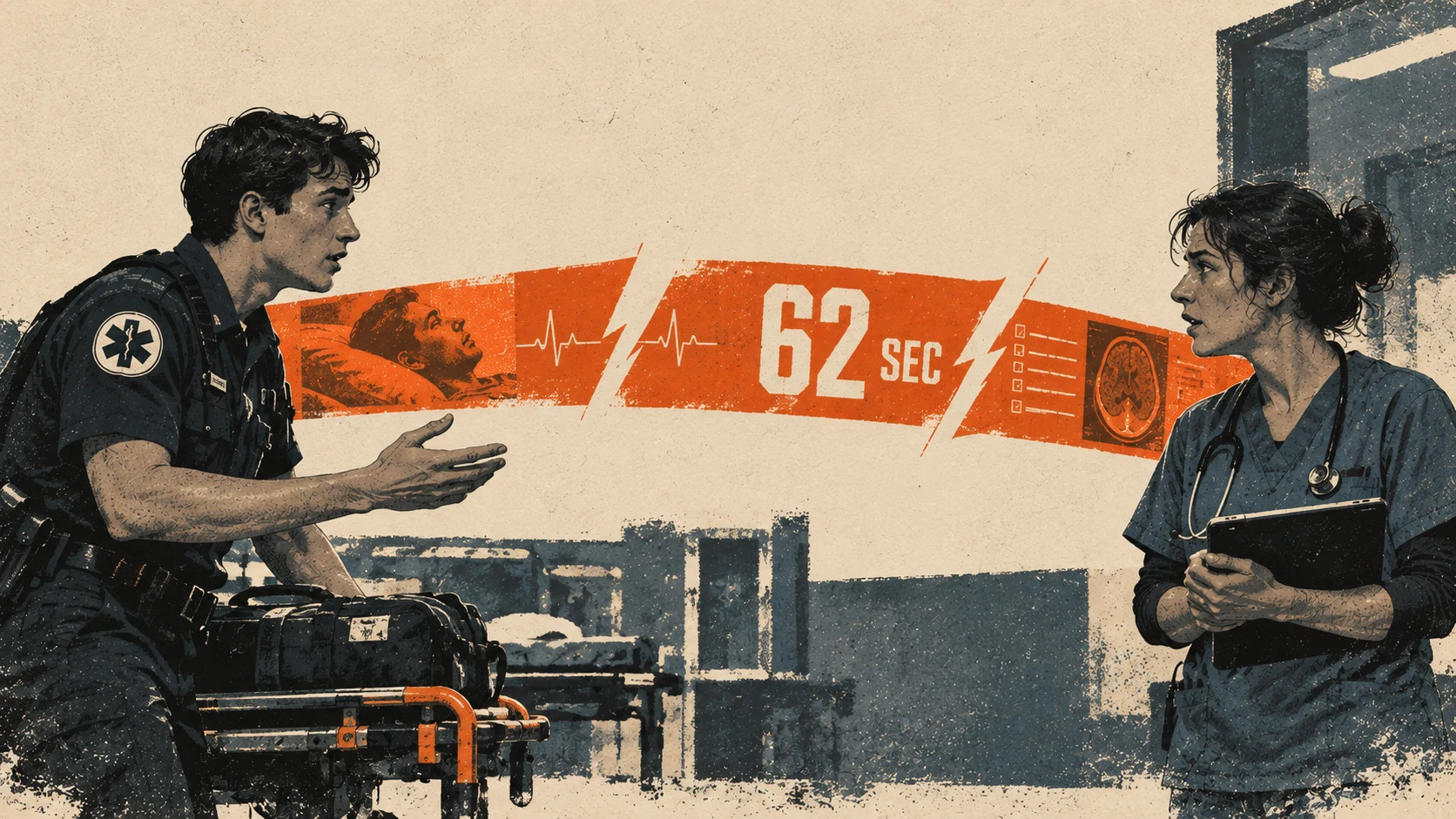 Illustration of an EMT giving a hospital handoff, with a fragmented report and a 62-second timer.
