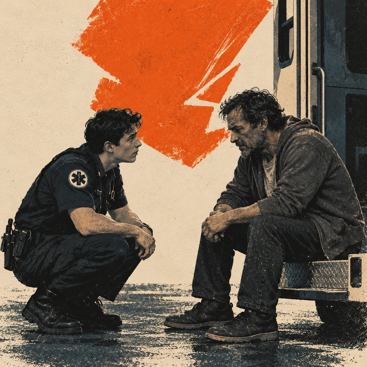 An EMT listens to a patient seated beside an ambulance.