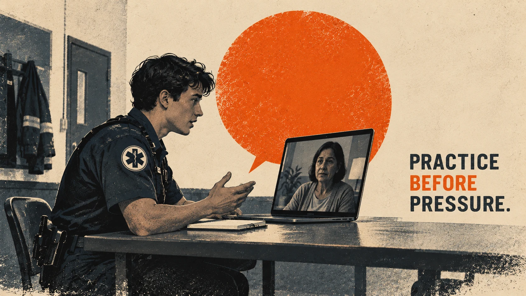 An EMT rehearses a conversation with a virtual patient on a laptop. Practice before pressure.