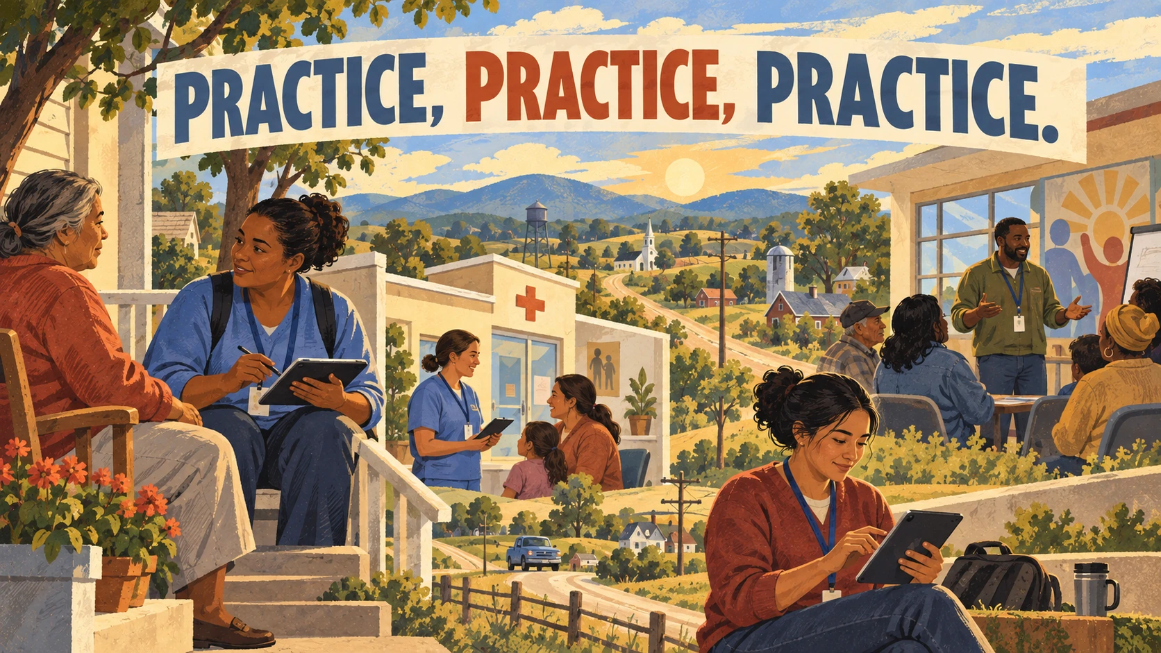 Illustration of community health workers practicing on a tablet and talking with clients across a rural community.