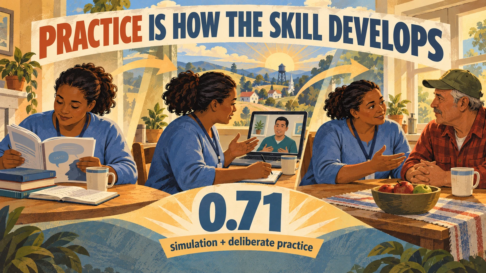 Illustration showing study, virtual patient practice, and a client conversation, with a 0.71 effect size for simulation with deliberate practice.