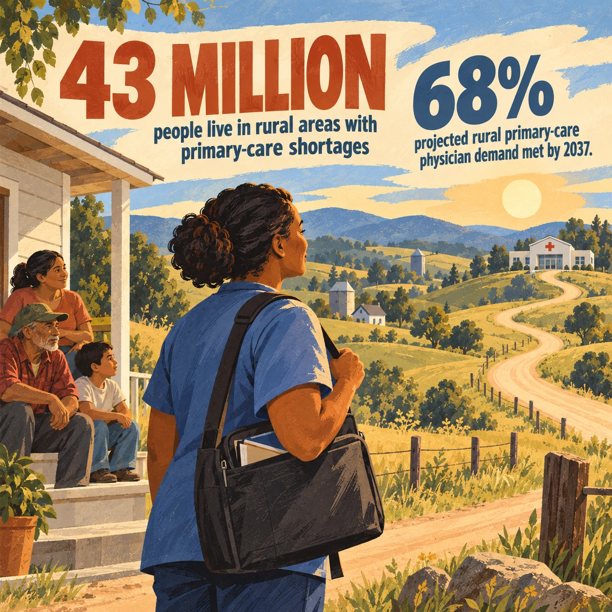 Illustration highlighting 43 million rural residents in areas with primary care shortages and projected coverage of 68 percent of rural primary care physician demand by 2037.