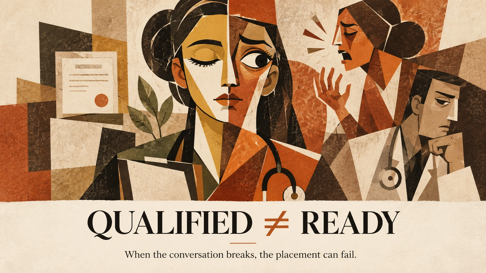 Illustration of a nurse facing difficult workplace conversations, contrasting being qualified with being ready.