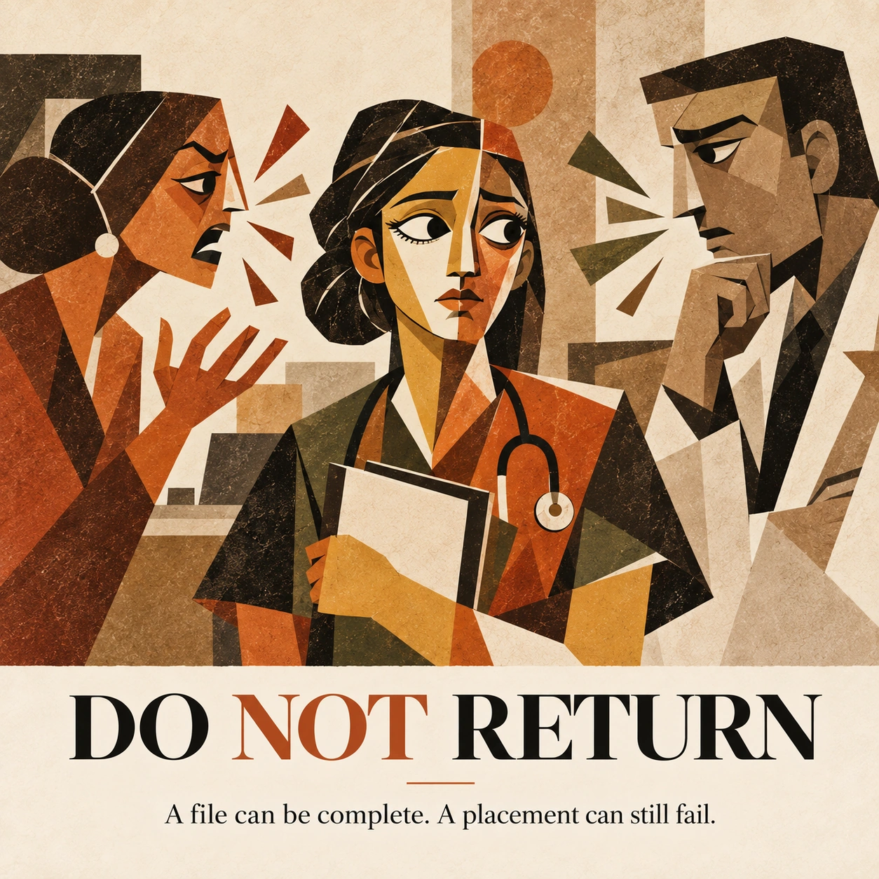 A nurse and colleagues illustrating how a complete credential file can coexist with a failed placement.