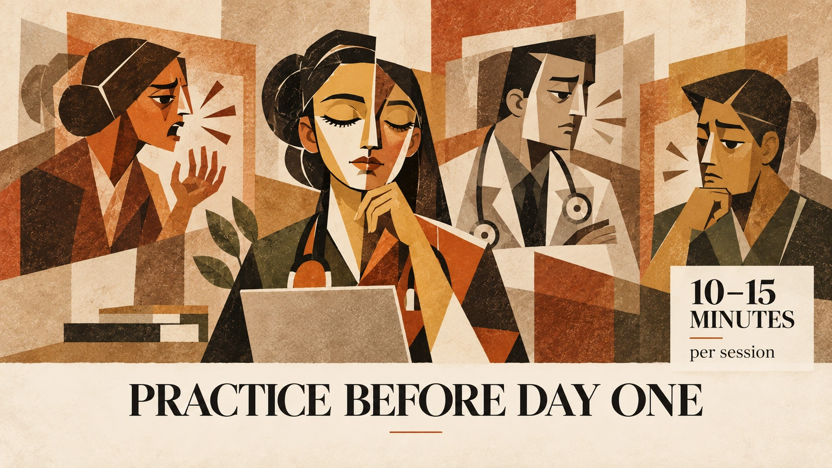 Illustrated clinical conversations showing brief practice sessions before the first day.