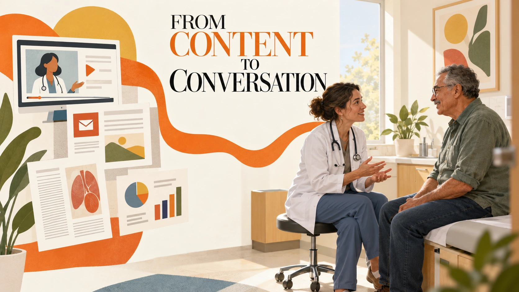 A clinician speaking with a patient, illustrating the move from educational content to conversation.