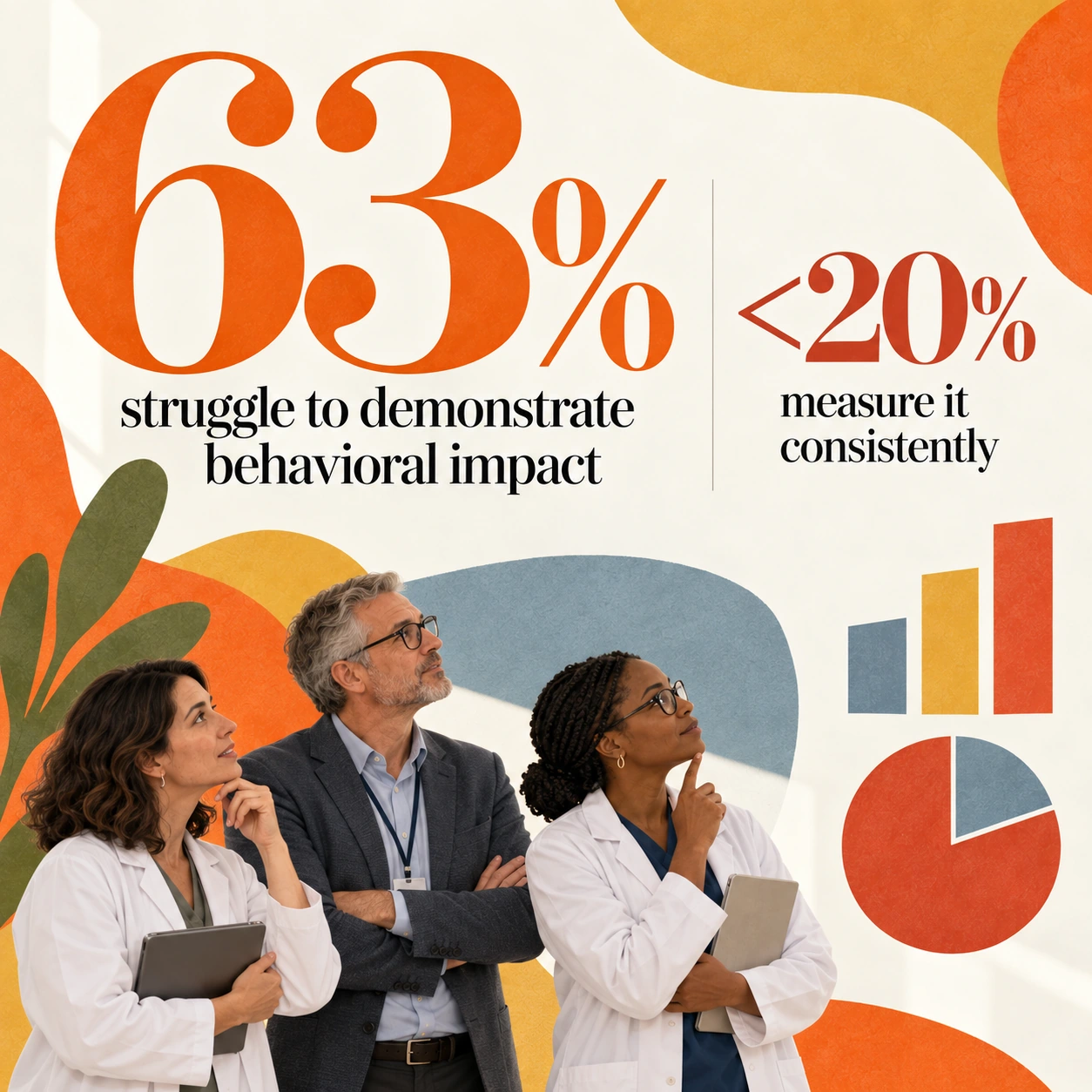Clinicians and charts illustrating the challenge of measuring behavioral impact in HCP education.