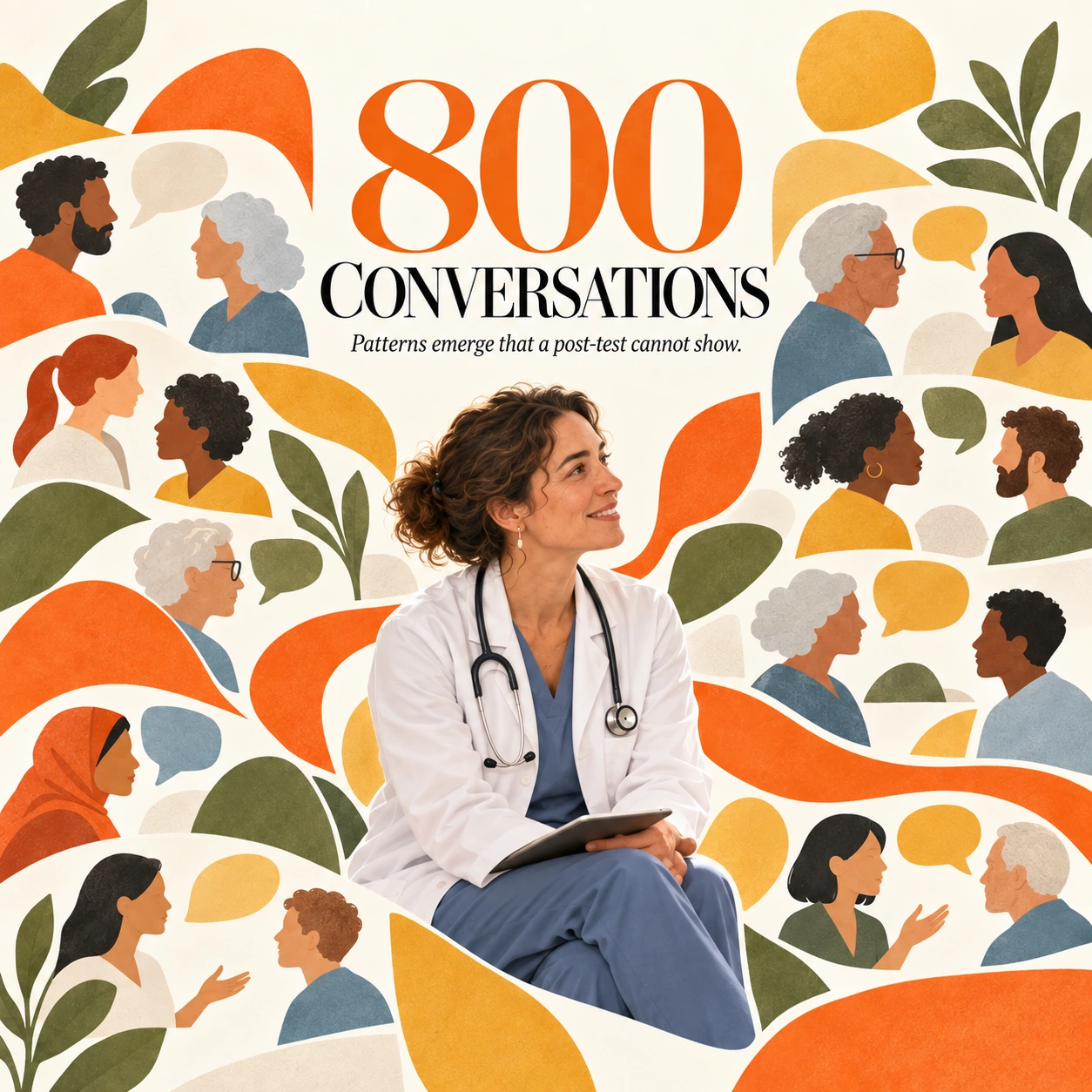 An illustrative cohort of 800 conversations, showing how patterns could emerge across learner responses.