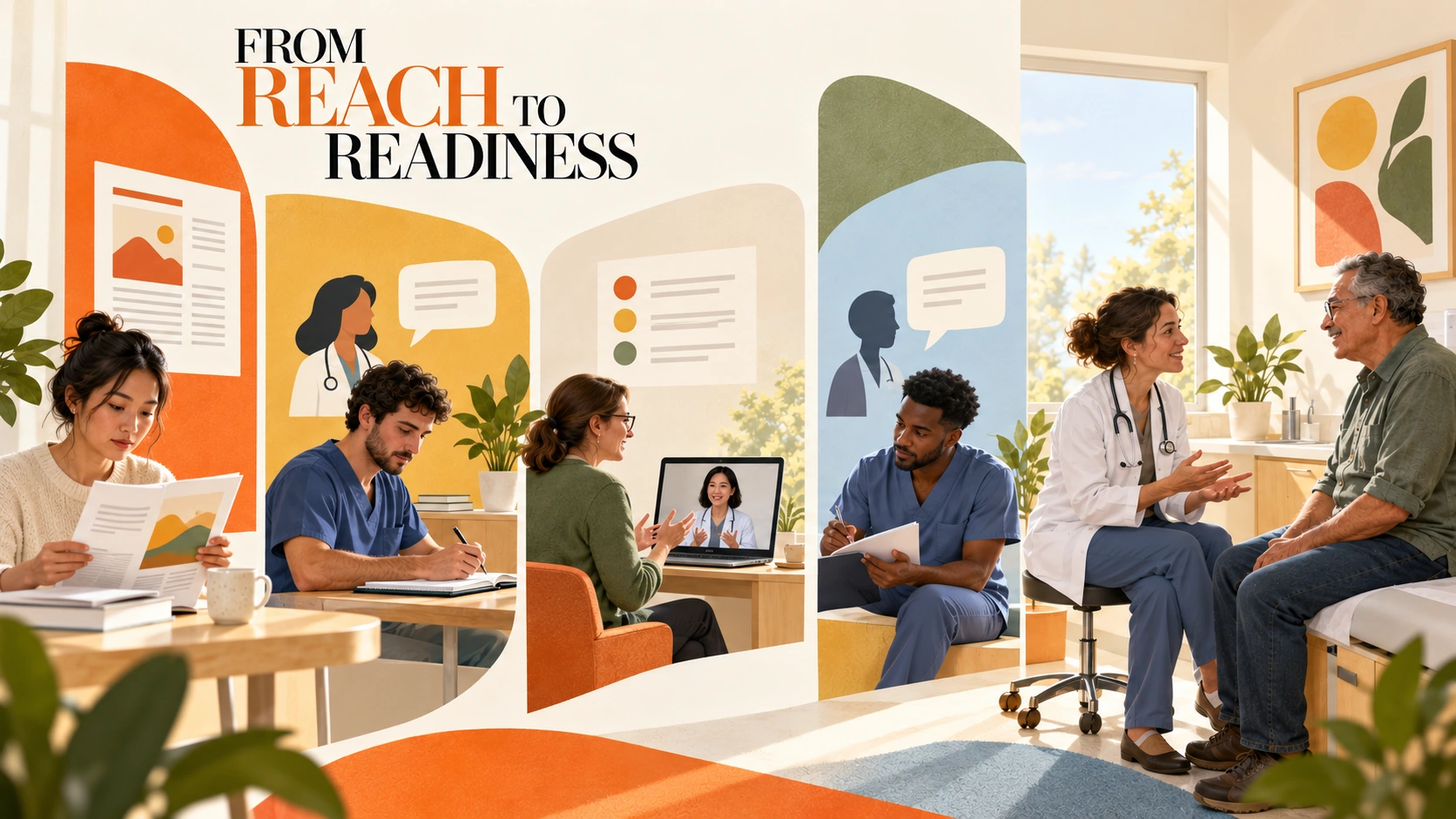 A visual sequence connecting educational reach, practice, feedback, and readiness.