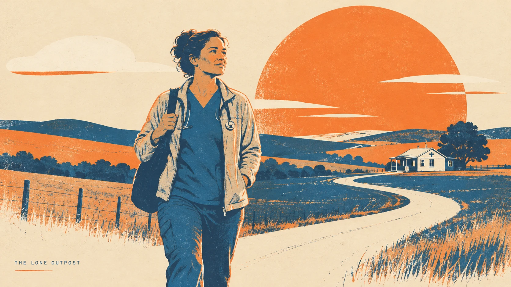 A clinician stands beside a winding road to a rural clinic at sunset.