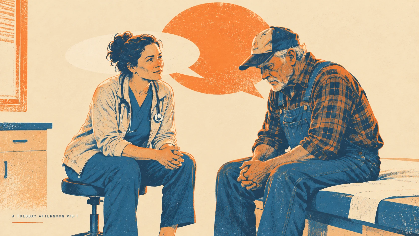 Illustration of Ruth listening to Walt during a rural clinic visit.