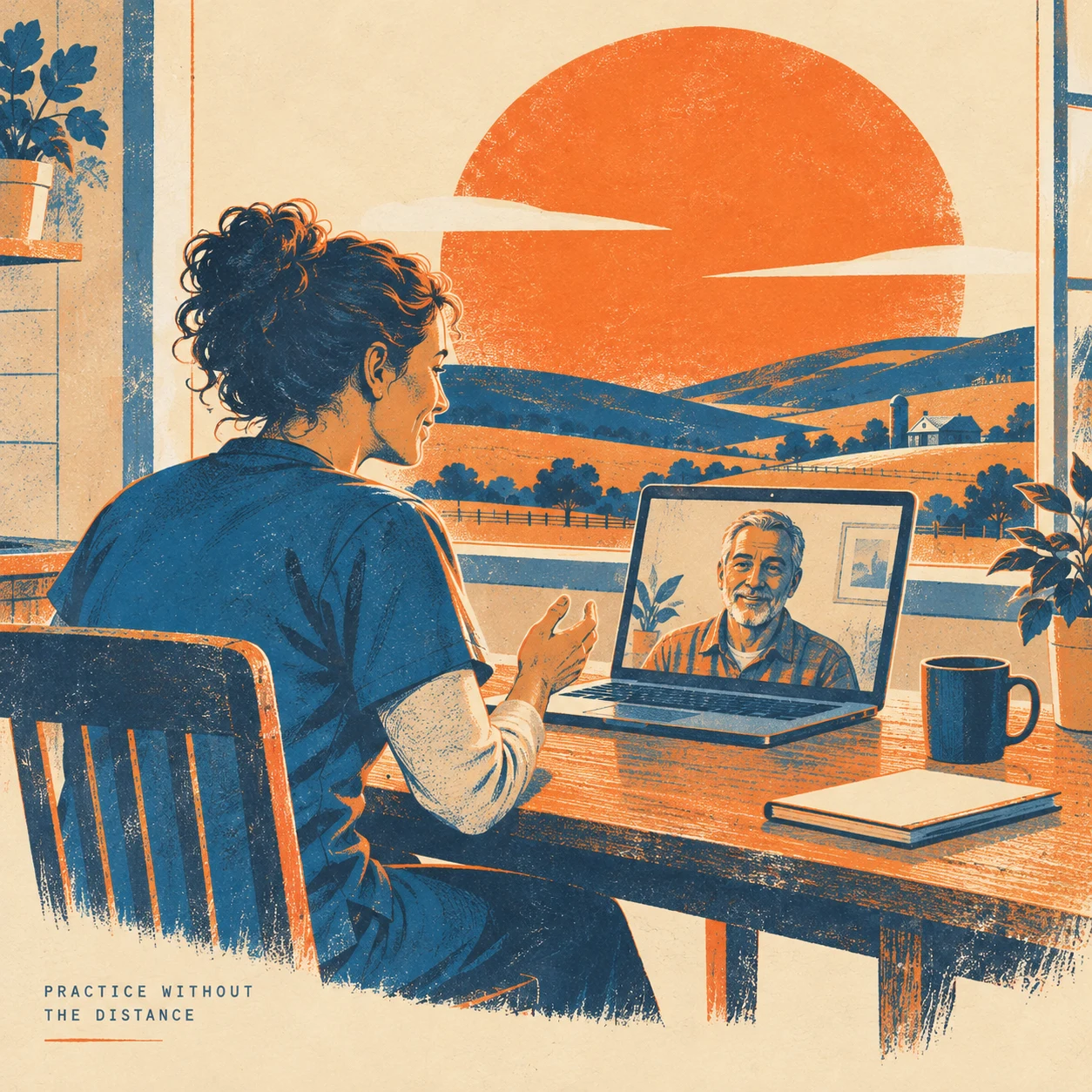 A rural clinician practices a conversation with a virtual patient on a laptop.