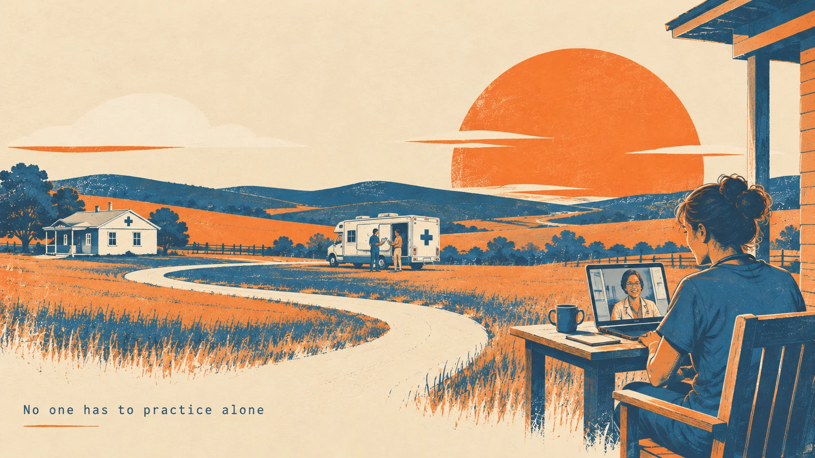A rural clinician connects with a colleague online, with a mobile simulation vehicle and clinic nearby.