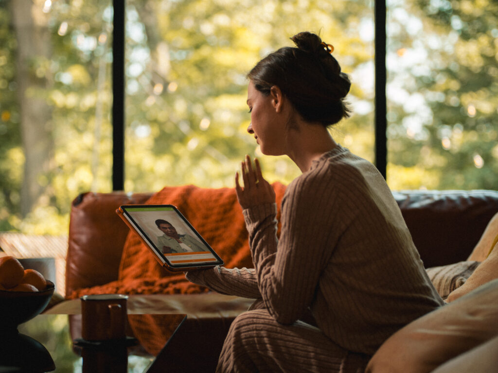 Healthcare professional using tablet to practice patient communication in obesity care training